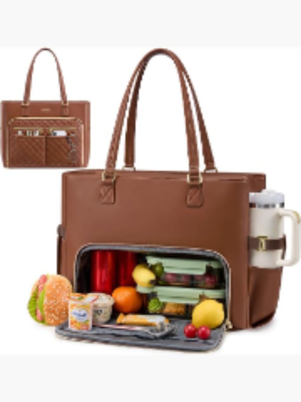 3-in-1 Work Tote with Insulated Lunch Compartment, PU Leather Laptop Bag with